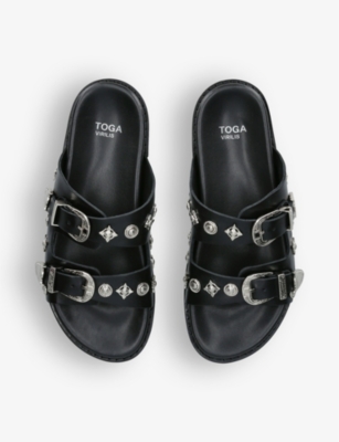 Shop Toga Virilis Men's Black Stud-embellished Backless Leather Sliders