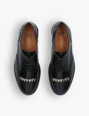 Shop Toga Virilis Men's Black Fringed Metal-embellished Leather Oxford Shoes