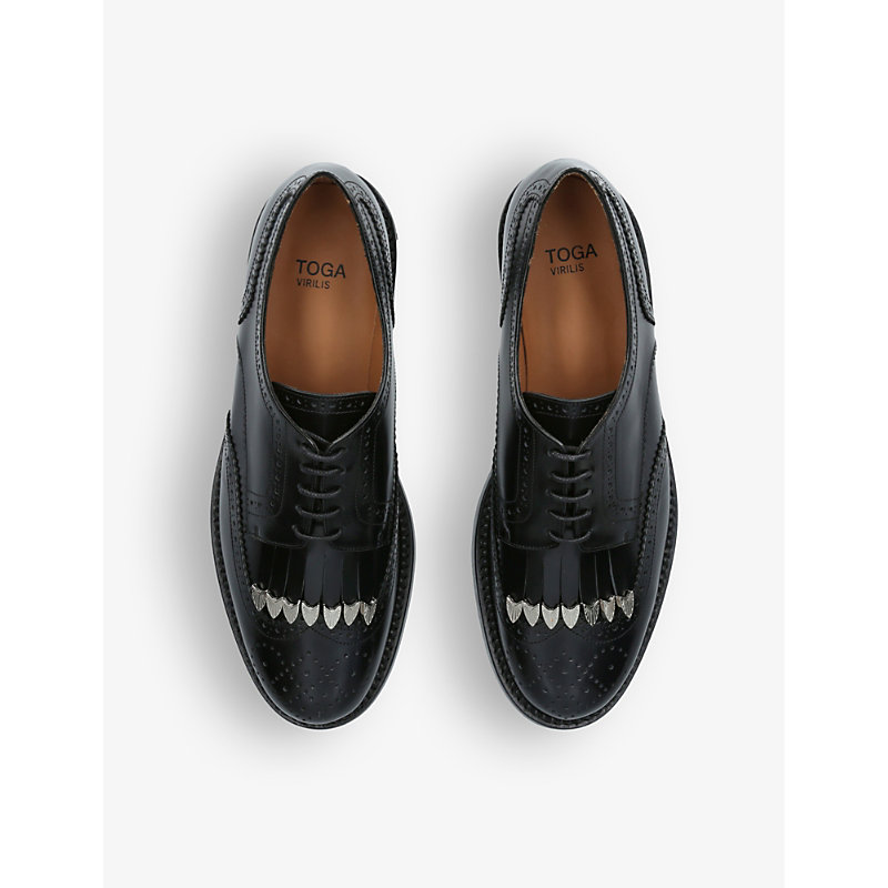 Shop Toga Virilis Mens Black Fringed Metal-embellished Leather Oxford Shoes