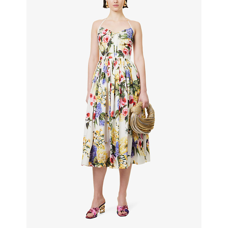 Shop Dolce & Gabbana Womens Giardino Fdo Bianco Popeline Floral-print Cotton Midi Dress