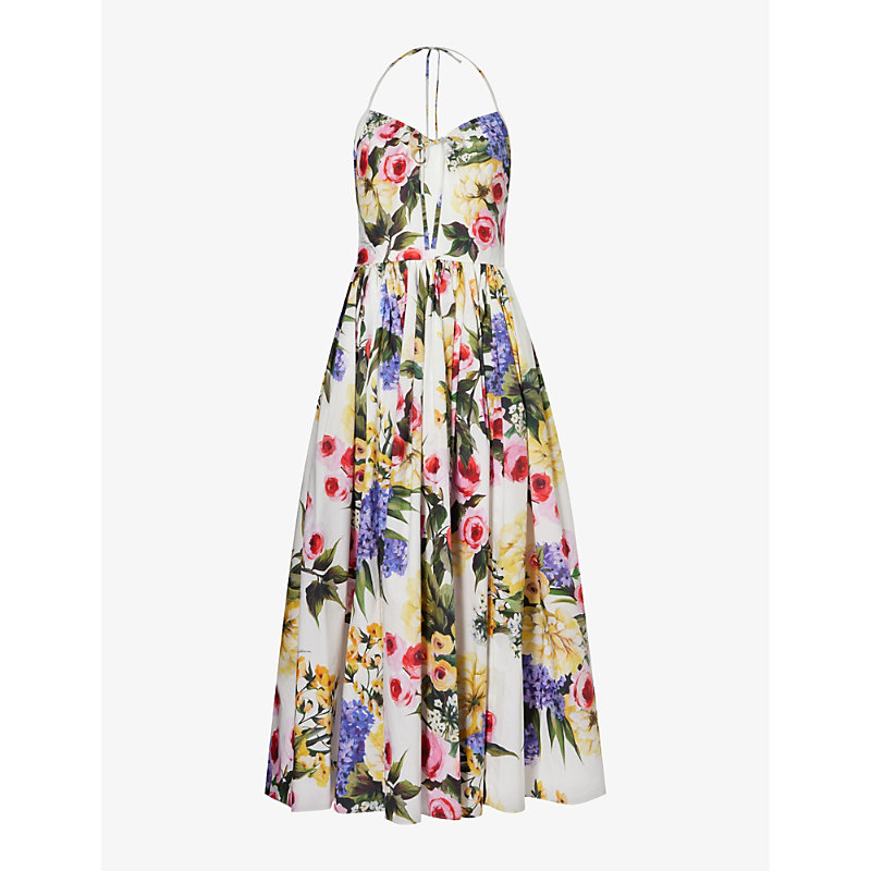 Shop Dolce & Gabbana Popeline Floral-print Cotton Midi Dress In Giardino Fdo Bianco
