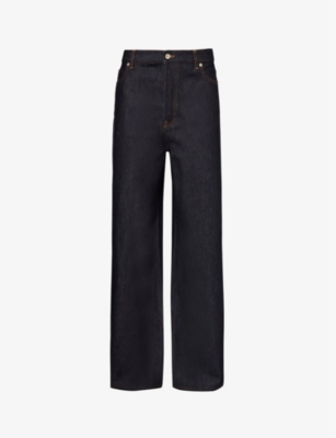 Shop Loewe Men's Raw Denim Brand-patch Mid-rise Wide-leg Jeans