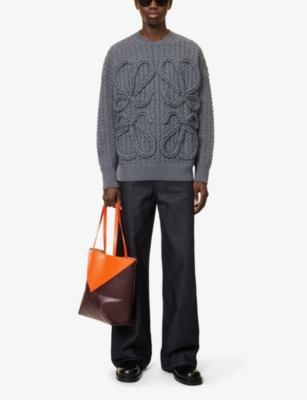 Shop Loewe Men's Dark Grey Melange Anagram Cable-knit Wool Jumper