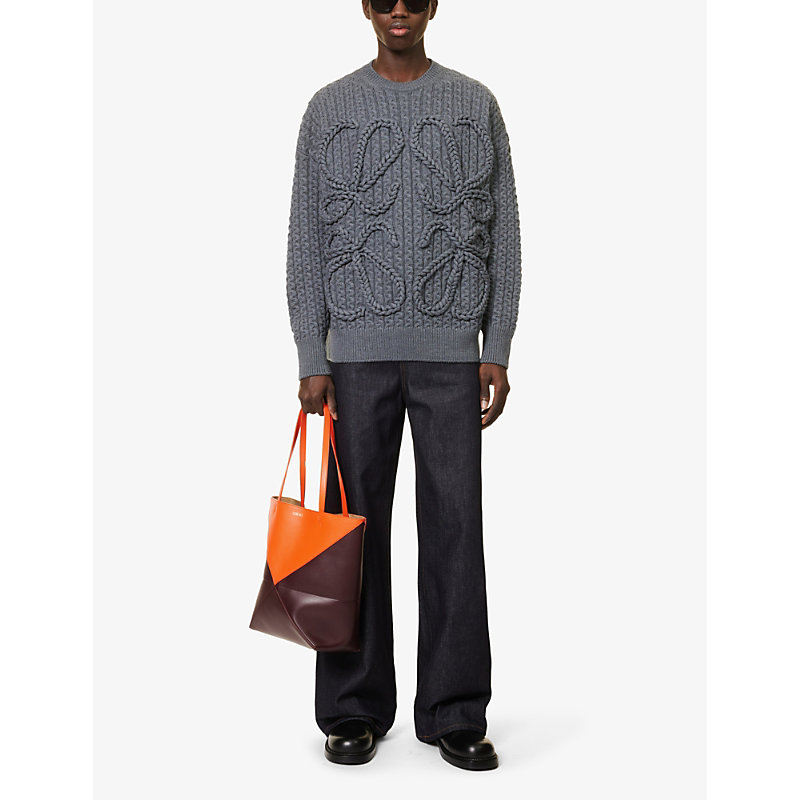 Shop Loewe Anagram Cable-knit Wool Jumper In Dark Grey Melange