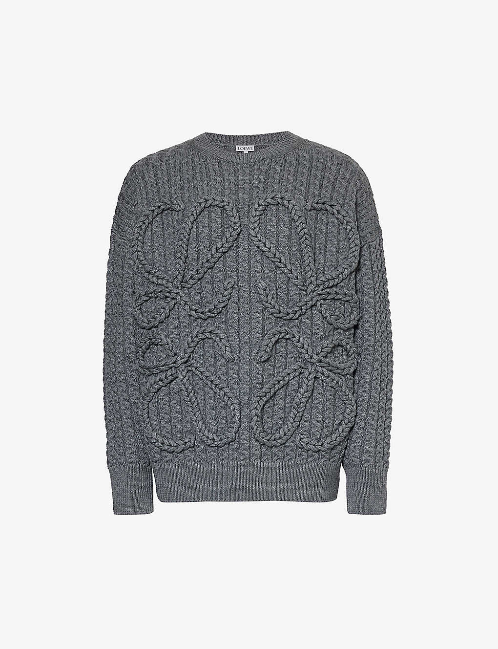 Shop Loewe Mens Dark Grey Melange Anagram Cable-knit Wool Jumper