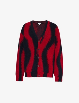 Shop Loewe Men's Vy Red Abstract-pattern V-neck Wool-blend Cardigan In Navy Red