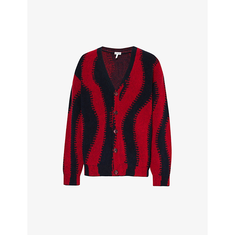 Shop Loewe Men's Navy Red Abstract-pattern V-neck Wool-blend Cardigan