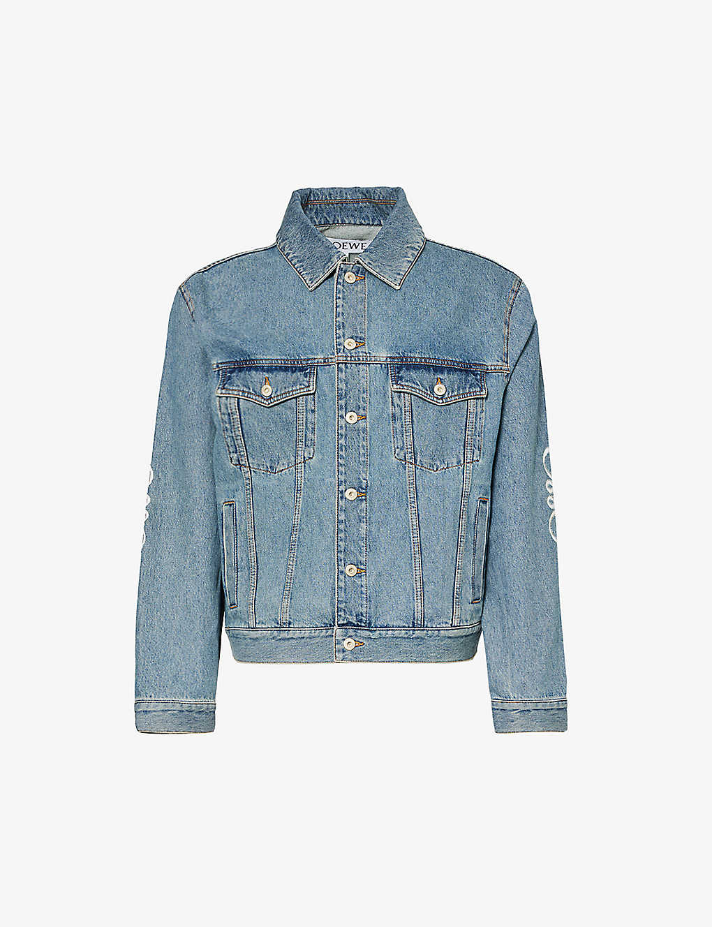 Shop Loewe Anagram-embellished Collared Denim Jacket In Mid Blue Denim