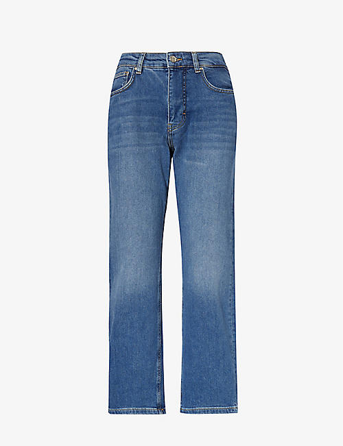 ME AND EM: Faded-wash regular-fit cropped mid-rise stretch-denim jeans