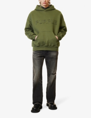 Shop Purple Brand Mens Green Brand-appliqué Relaxed-fit Cotton-jersey Hoody
