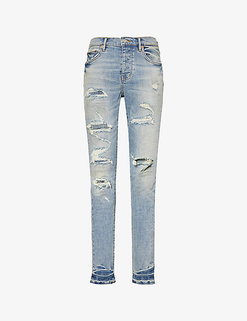 PURPLE BRAND: Distressed slim-fit slim-leg stretch-denim jeans