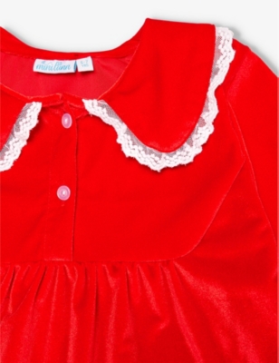 Shop Mini Lunn Girls Red Kids Peter Pan-collar Frilled Trim Velvet Pyjamas 2-9 Years