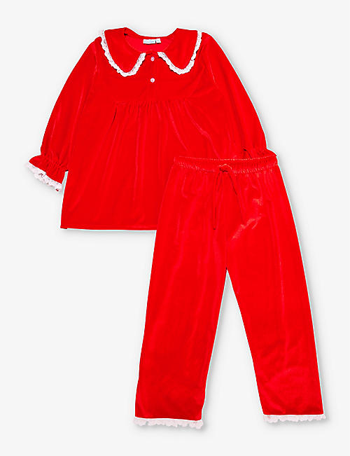 MINI LUNN: Peter Pan-collar frilled trim velvet pyjamas 2-9 years