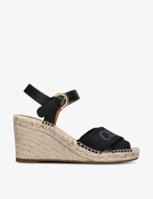 Shop Chloé Chloe Women's Black Piia Logo-embellished Leather Espadrille Wedges