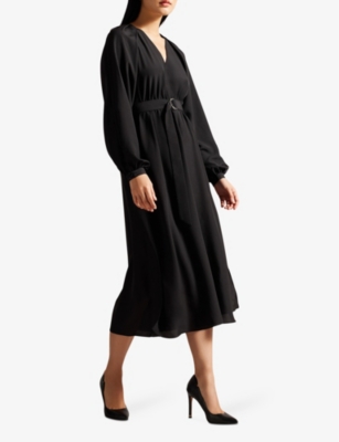 Shop Ted Baker Womens Black Comus Pleated Belted Woven Midi Dress