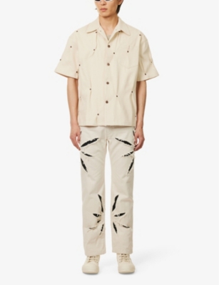 Shop Kusikohc Mens Cannoli Cream Rivet-embellished Short-sleeved Denim Shirt
