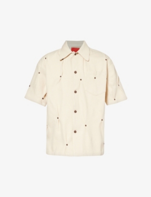 Shop Kusikohc Men's Cannoli Cream Rivet-embellished Short-sleeved Denim Shirt