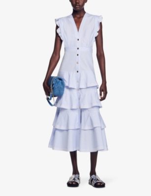 Shop Sandro Women's Bleus Maude Ruffled Cotton Maxi Dress