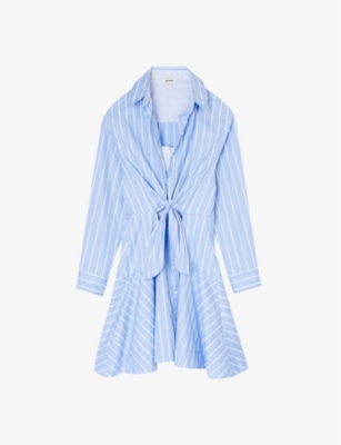 Shop Sandro Women's Bleus Stripe-pattern Tie-front Cotton Shirt Dress