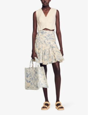 Shop Sandro Women's Bleus Soft Flowers-print Linen-blend Mini Skirt