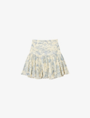 Sandro Womens Bleus Soft Flowers-print Linen-blend Mini Skirt
