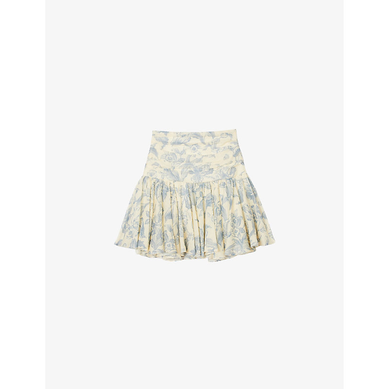 Sandro Womens Bleus Soft Flowers-print Linen-blend Mini Skirt