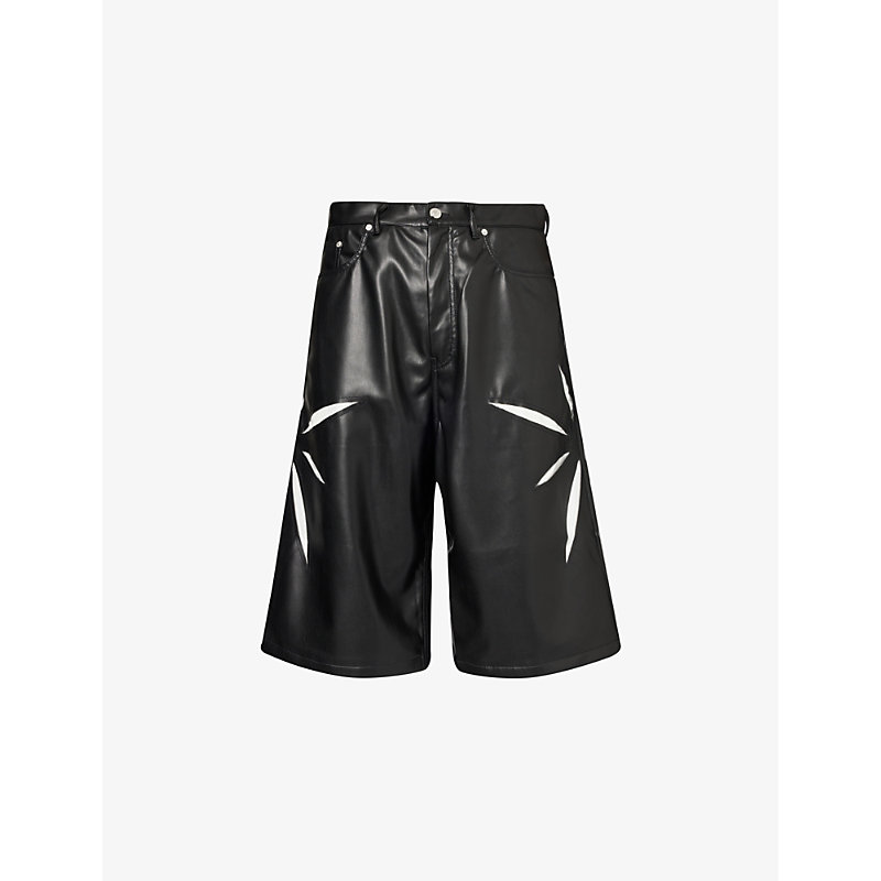 Shop Kusikohc Mens Black/cannoli Cream Origami Cut-out Faux-leather Shorts