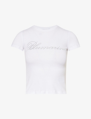 Shop Blumarine Womens Optical White Crystal-embellished Cotton-jersey T-shirt