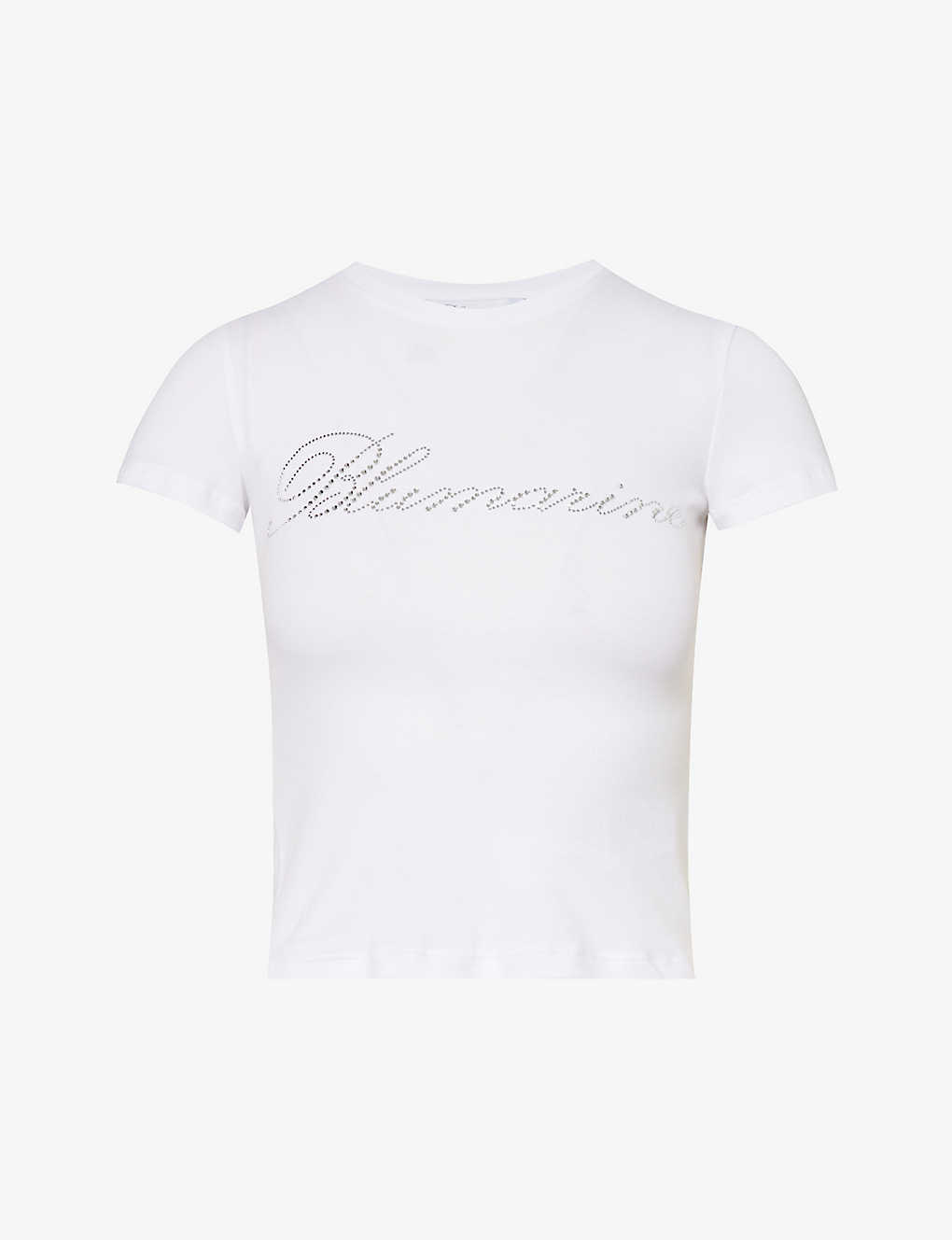 Shop Blumarine Womens Optical White Crystal-embellished Cotton-jersey T-shirt