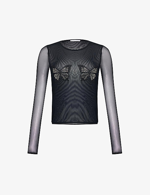 BLUMARINE: Butterfly rhinestone-embellished stretch-woven T-shirt