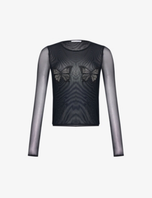 Shop Blumarine Women's Black Butterfly Rhinestone-embellished Stretch-woven T-shirt