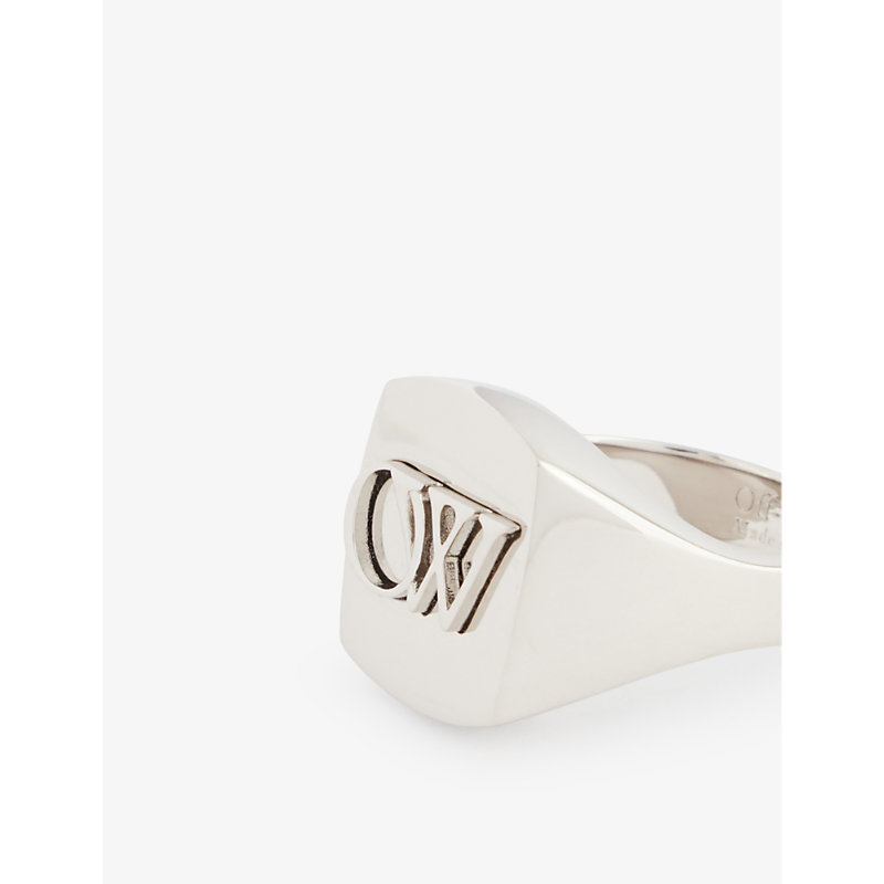 Shop Off-white Embossed-branding Square-shape Brass Signet Ring In Silver No Color