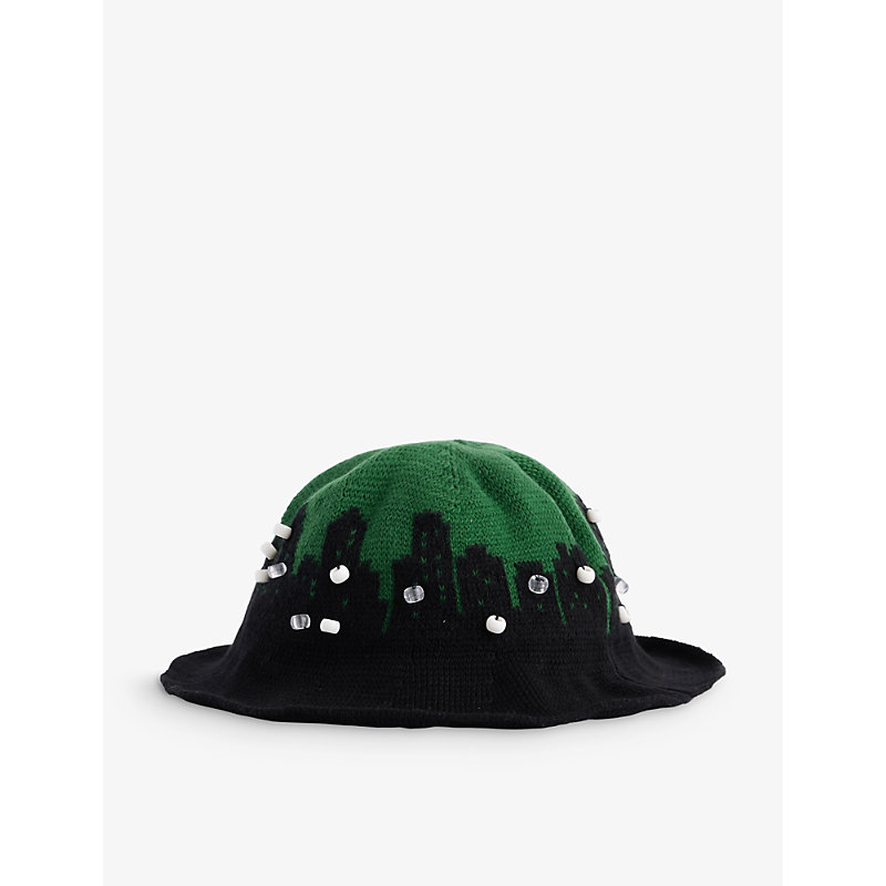 Shop Off-white Offwhite Men's Black Green Palaces Bead-embellished Cotton-blend Knitted Hat