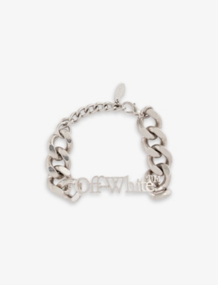 Shop Off-white Lettering-embellished Chunky-link Brass Bracelet In Silver No Color