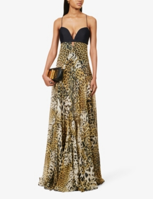 Shop Roberto Cavalli Women's Naturale Leopard-print Plunge-neck Silk Maxi Dress