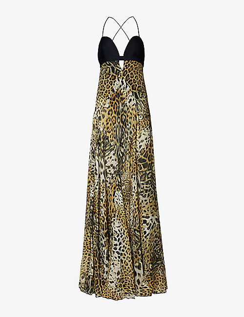 ROBERTO CAVALLI: Leopard-print plunge-neck silk maxi dress