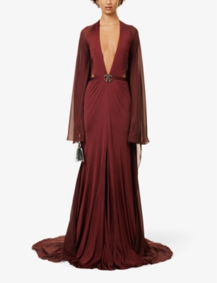 Shop Roberto Cavalli Women's Brown V-neck Cape-overlay Jersey Maxi Dress In 99999