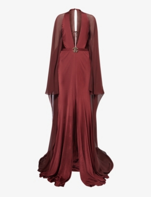 Shop Roberto Cavalli Women's Brown V-neck Cape-overlay Jersey Maxi Dress In 99999