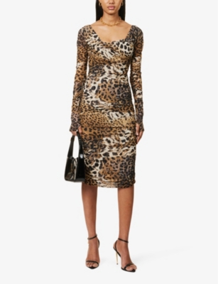 Shop Roberto Cavalli Women's Turale Leopard-print Ruched Stretch-woven Midi Dress In Naturale