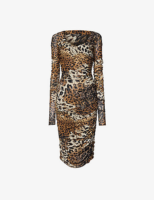 ROBERTO CAVALLI: Leopard-print ruched stretch-woven midi dress