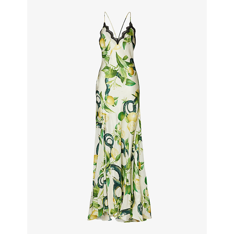 Shop Roberto Cavalli V-neck Graphic-print Silk Maxi Dress In Avorio
