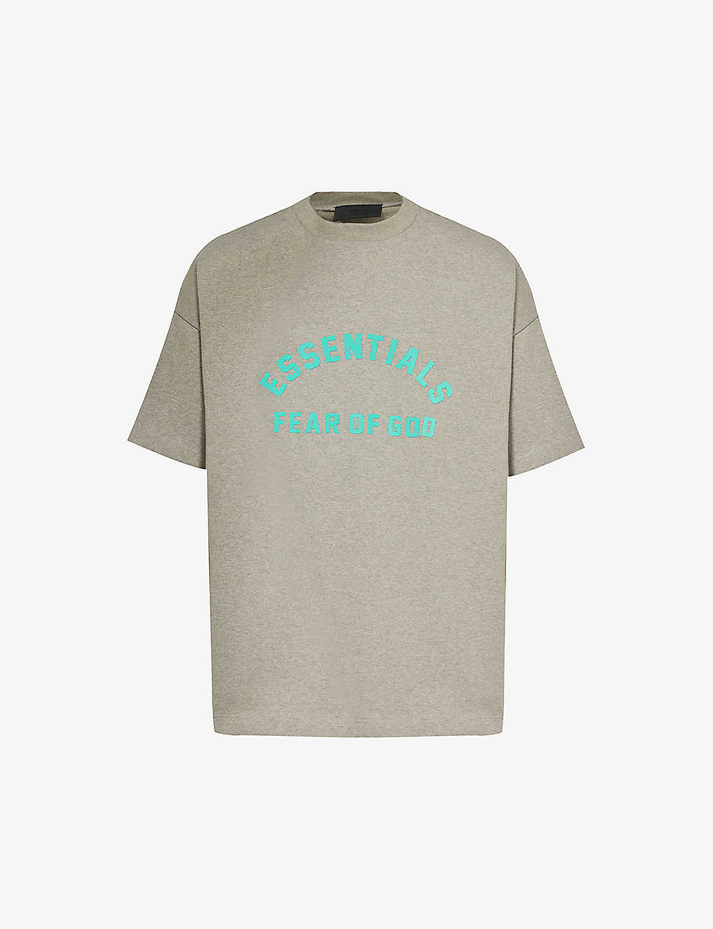 Shop Essentials Fear Of God  Mens Dark Heather Oatmeal  Brand-embossed Cotton-jersey T-shirt In Grey