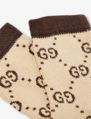 Shop Gucci Boys Beige/dark Brown Kids Gg Ankle-length Cotton-blend Socks In Tan
