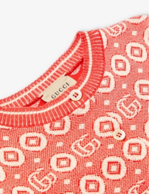 Shop Gucci Logo-jacquard Cotton Cardigan 6-12 Years In Red/beige