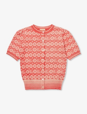 Shop Gucci Logo-jacquard Cotton Cardigan 6-12 Years In Red/beige