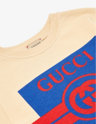 Shop Gucci Boys Sweet Cream/avio/mc Kids Logo-print Cotton-jersey Sweatshirt 4-12 Years