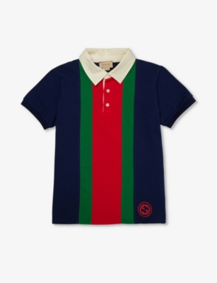 Shop Gucci Boys Wintery Nt Sky/mc/mx Kids Brand-embroidered Short-sleeve Cotton-jersey Polo Shirt 8-10 Ye In Navy