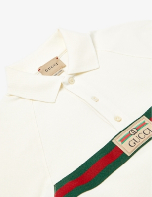 Shop Gucci Boys Ivory/mix Kids Logo-patch Striped Stretch-cotton Polo Shirt 4-12 Years
