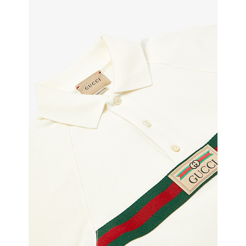 Shop Gucci Logo-patch Striped Stretch-cotton Polo Shirt 4-12 Years In Ivory/mix