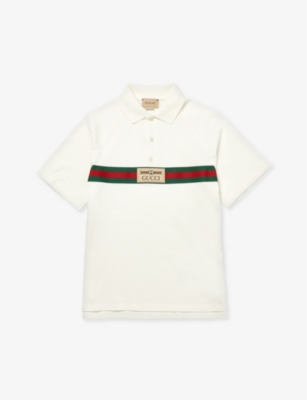 Gucci Kids' Logo-patch Striped Stretch-cotton Polo Shirt 4-12 Years In Ivory/mix